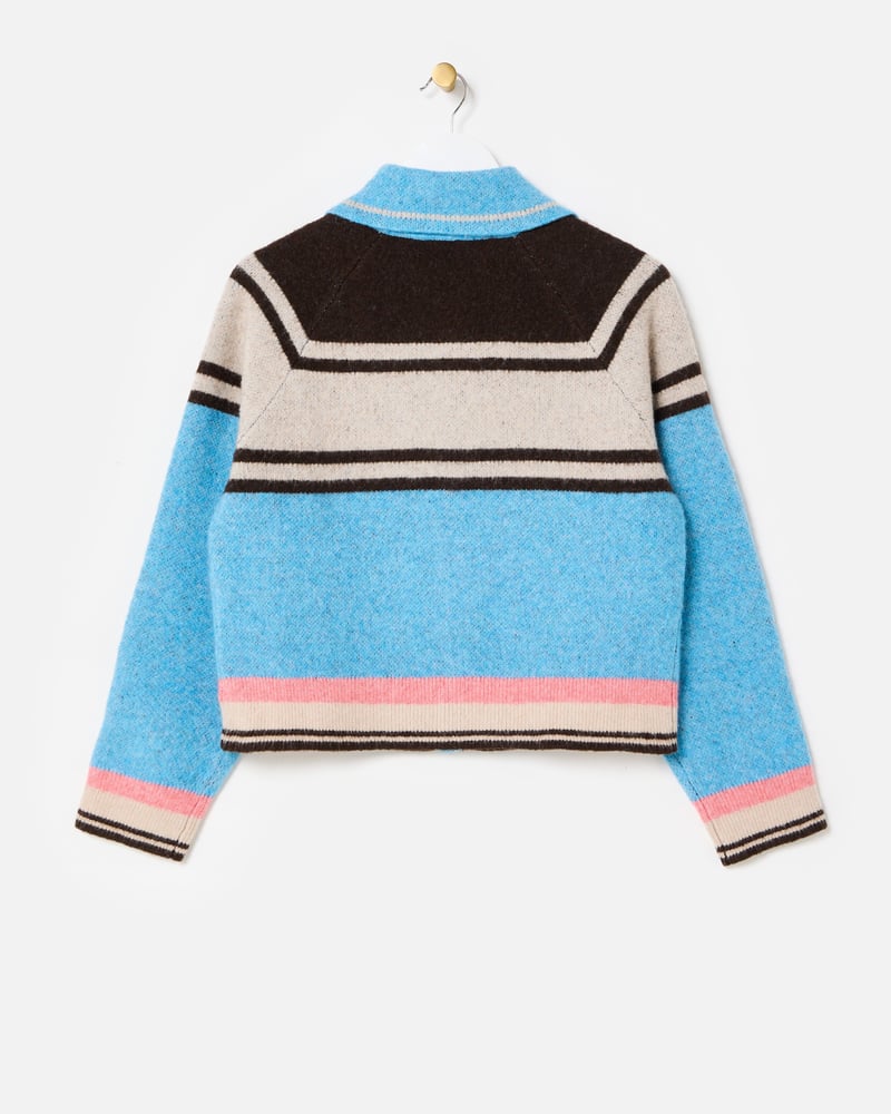 Blue Striped Swan Collared Knitted Bomber Jacket