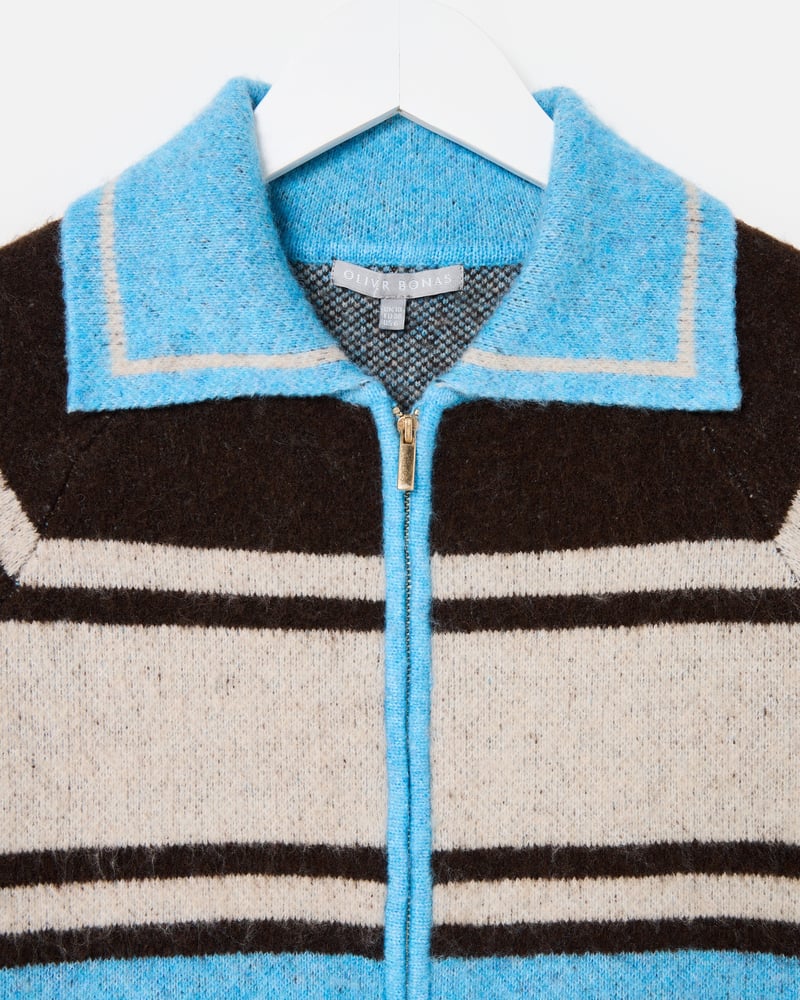 Blue Striped Swan Collared Knitted Bomber Jacket