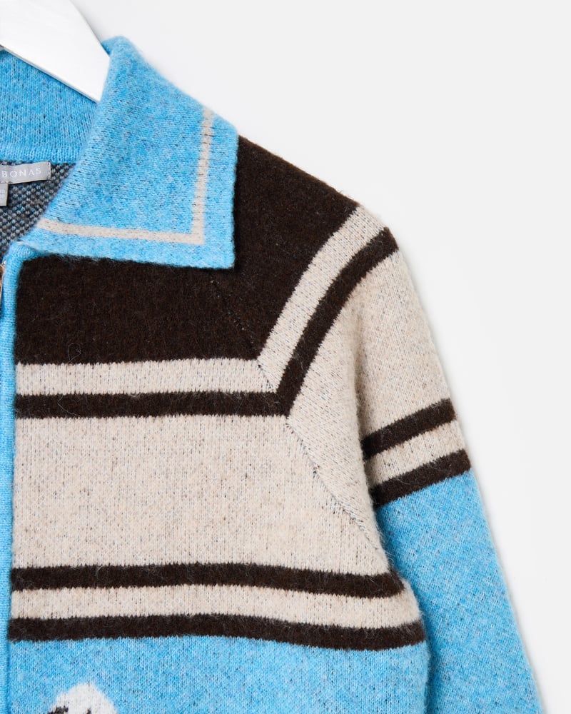 Blue Striped Swan Collared Knitted Bomber Jacket