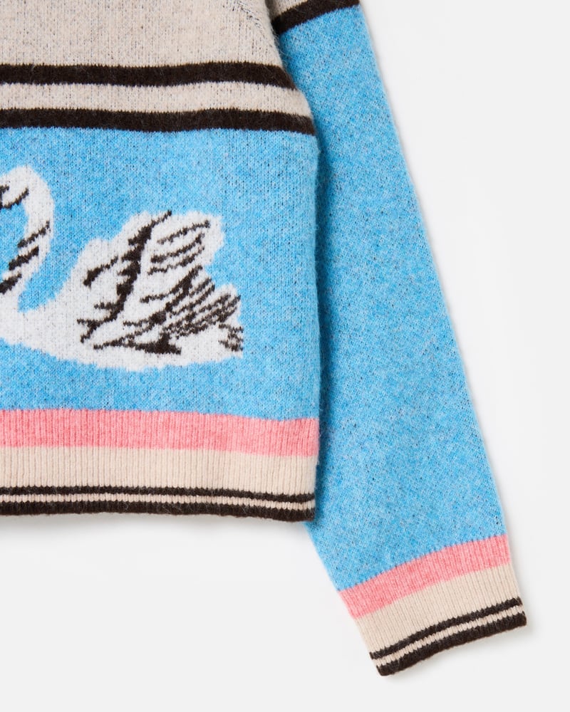 Blue Striped Swan Collared Knitted Bomber Jacket