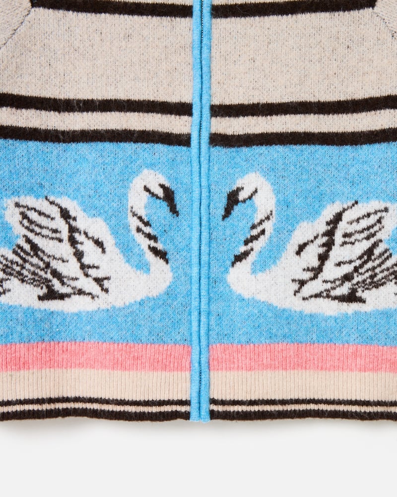 Blue Striped Swan Collared Knitted Bomber Jacket