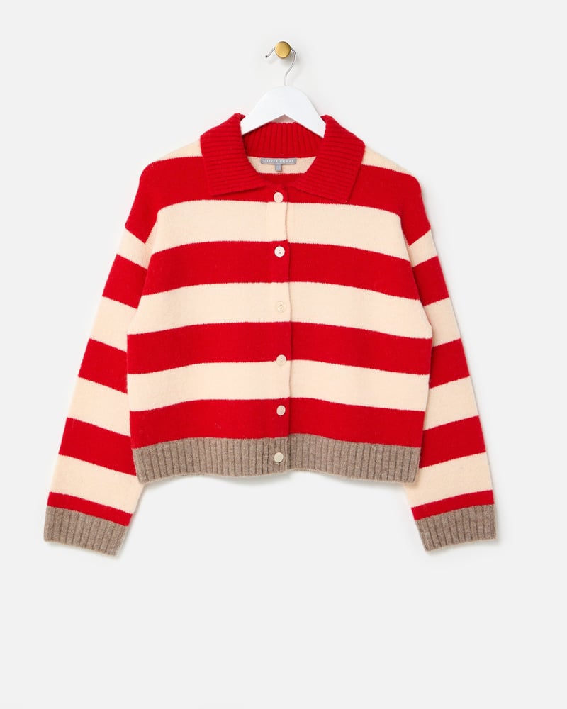 Red & Cream Striped Collared Knitted Cardigan
