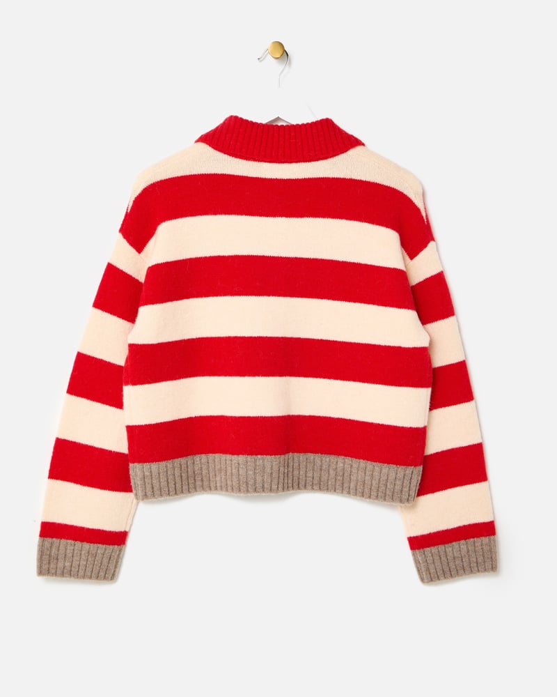 Red & Cream Striped Collared Knitted Cardigan