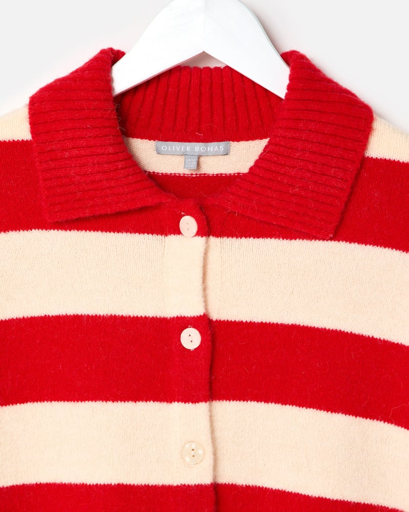 Red & Cream Striped Collared Knitted Cardigan