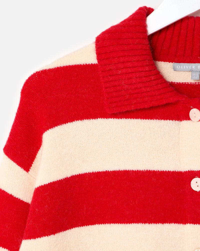 Red & Cream Striped Collared Knitted Cardigan