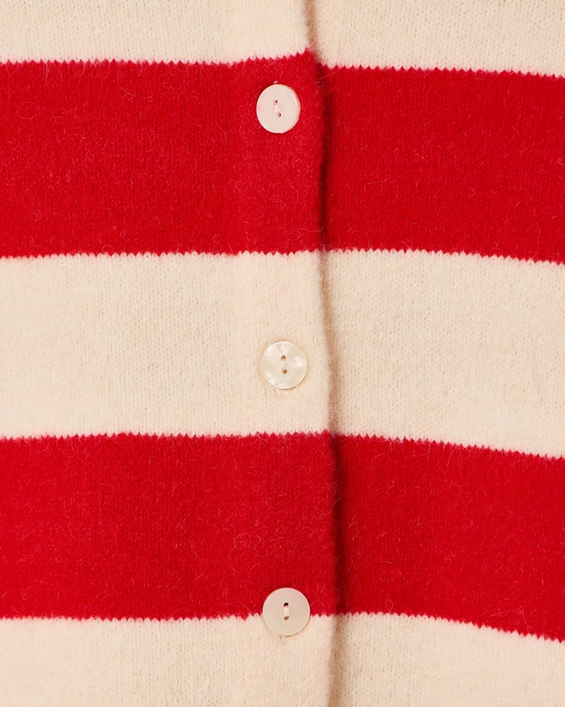 Red & Cream Striped Collared Knitted Cardigan