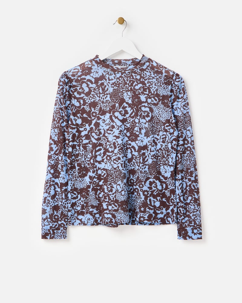 Brown & Blue Floral Mesh Long Sleeve Top