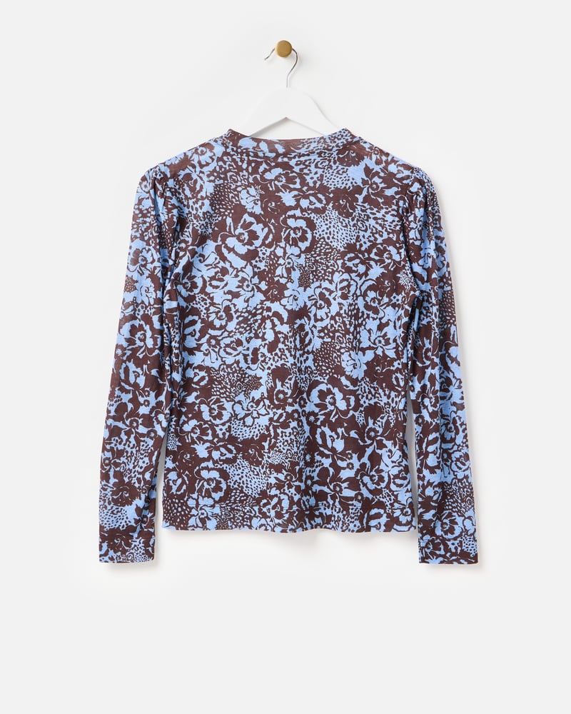 Brown & Blue Floral Mesh Long Sleeve Top