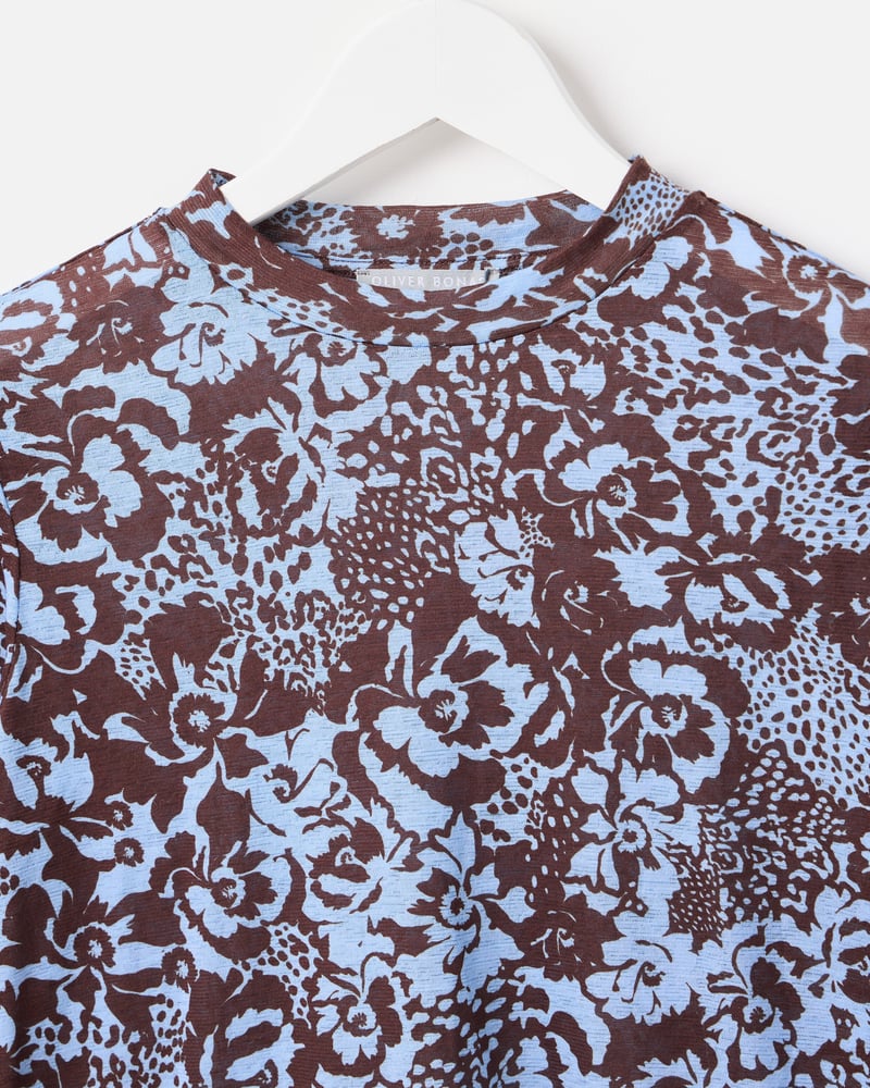 Brown & Blue Floral Mesh Long Sleeve Top