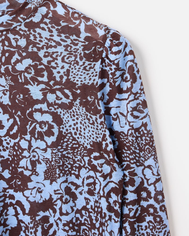 Brown & Blue Floral Mesh Long Sleeve Top