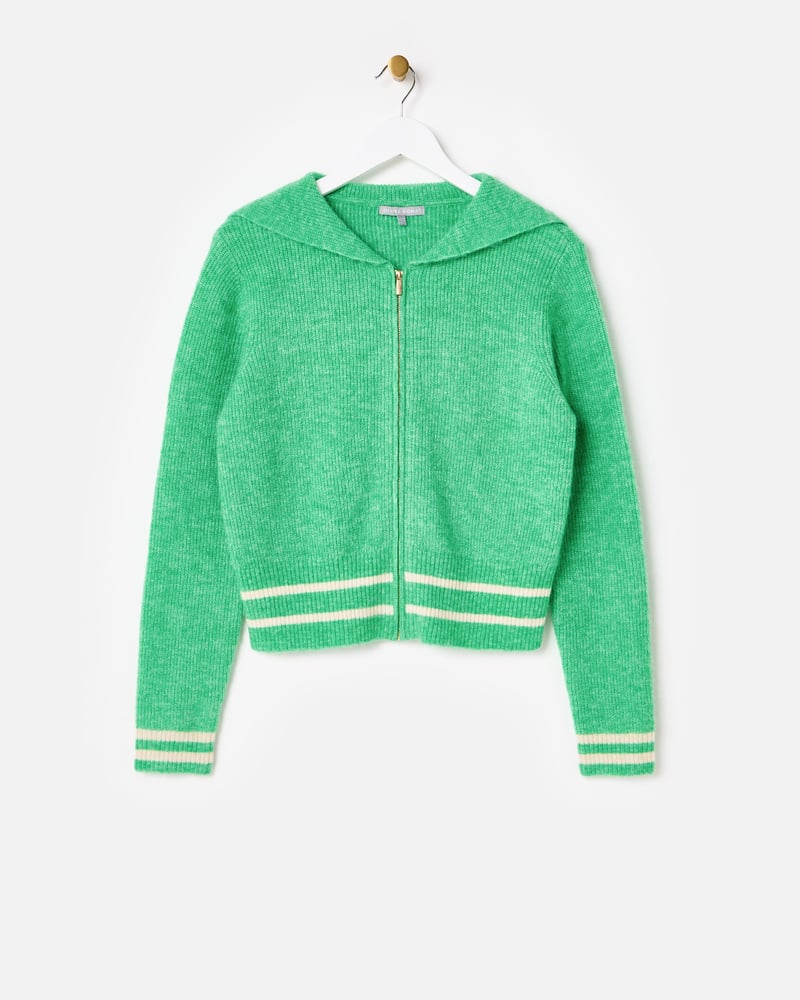 Green Boat Collared Zip Up Cardigan