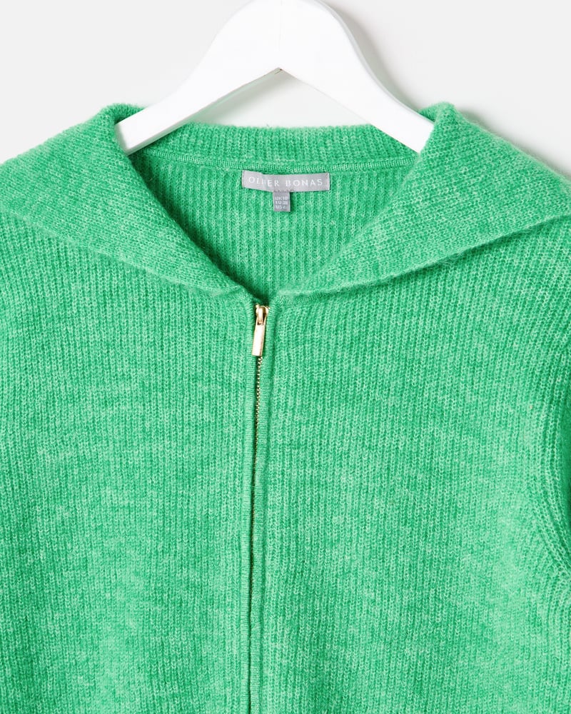 Green Boat Collared Zip Up Cardigan