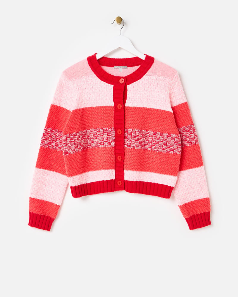 Pink & Red Striped Crew Neck Knitted Cardigan