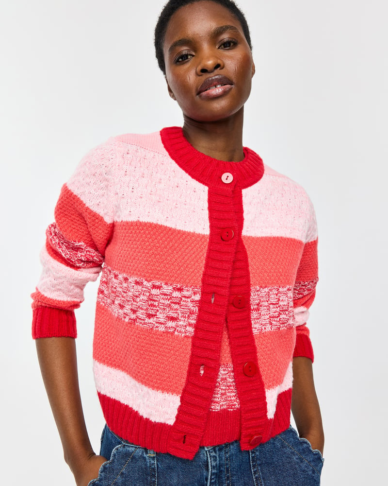 Pink & Red Striped Crew Neck Knitted Cardigan