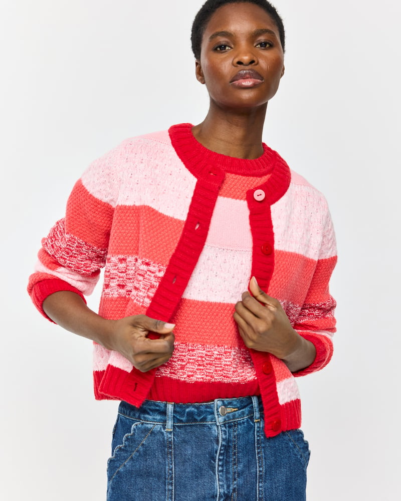 Pink & Red Striped Crew Neck Knitted Cardigan