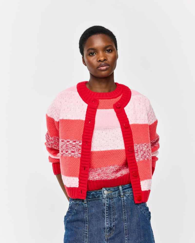 Pink & Red Striped Crew Neck Knitted Cardigan