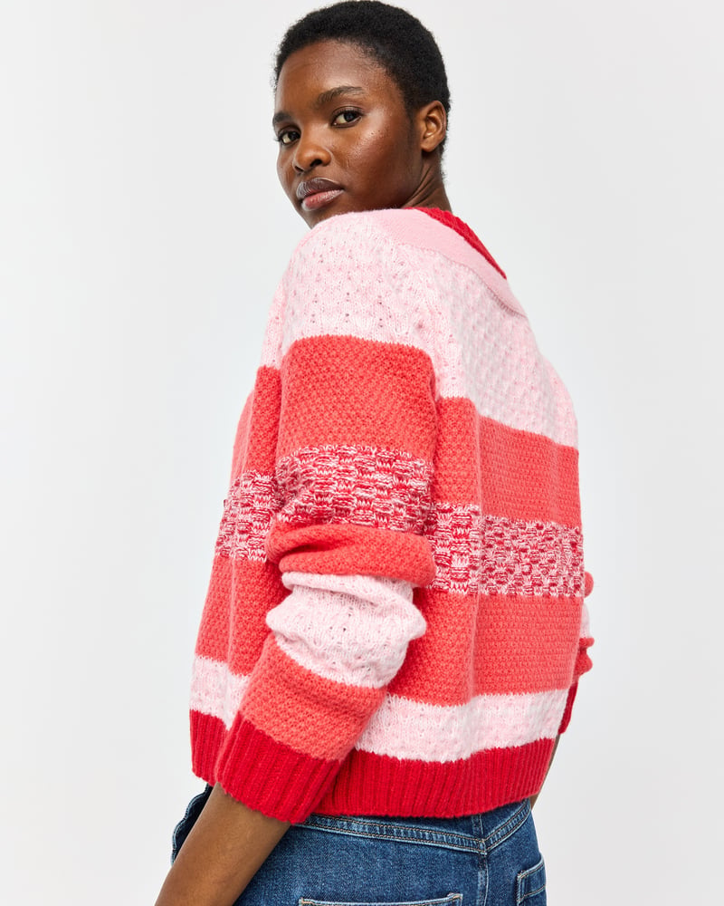 Pink & Red Striped Crew Neck Knitted Cardigan