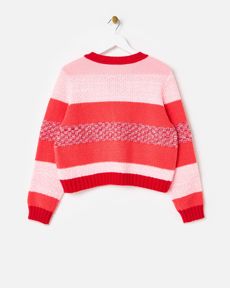 Pink & Red Striped Crew Neck Knitted Cardigan