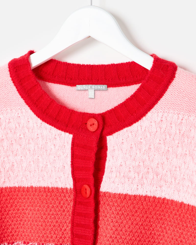 Pink & Red Striped Crew Neck Knitted Cardigan