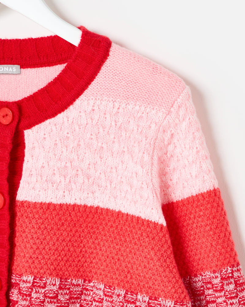 Pink & Red Striped Crew Neck Knitted Cardigan