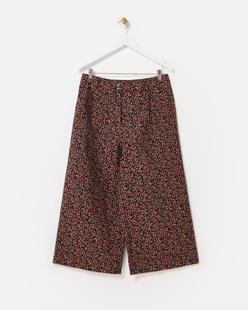 Brown Animal Print Jacquard Cropped Wide Leg Trousers