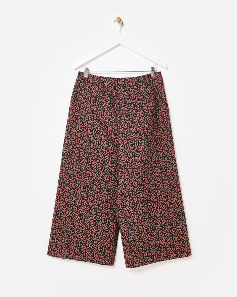 Brown Animal Print Jacquard Cropped Wide Leg Trousers