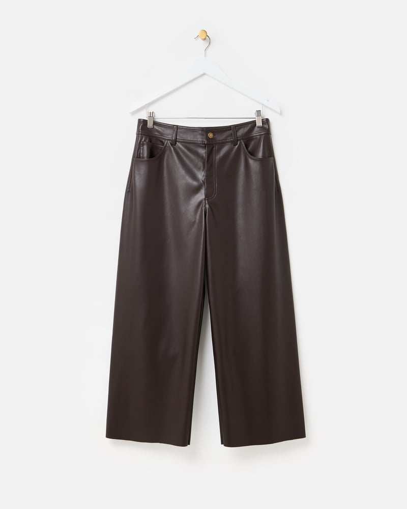 Chocolate Brown Faux Leather Cropped Wide Leg Trousers