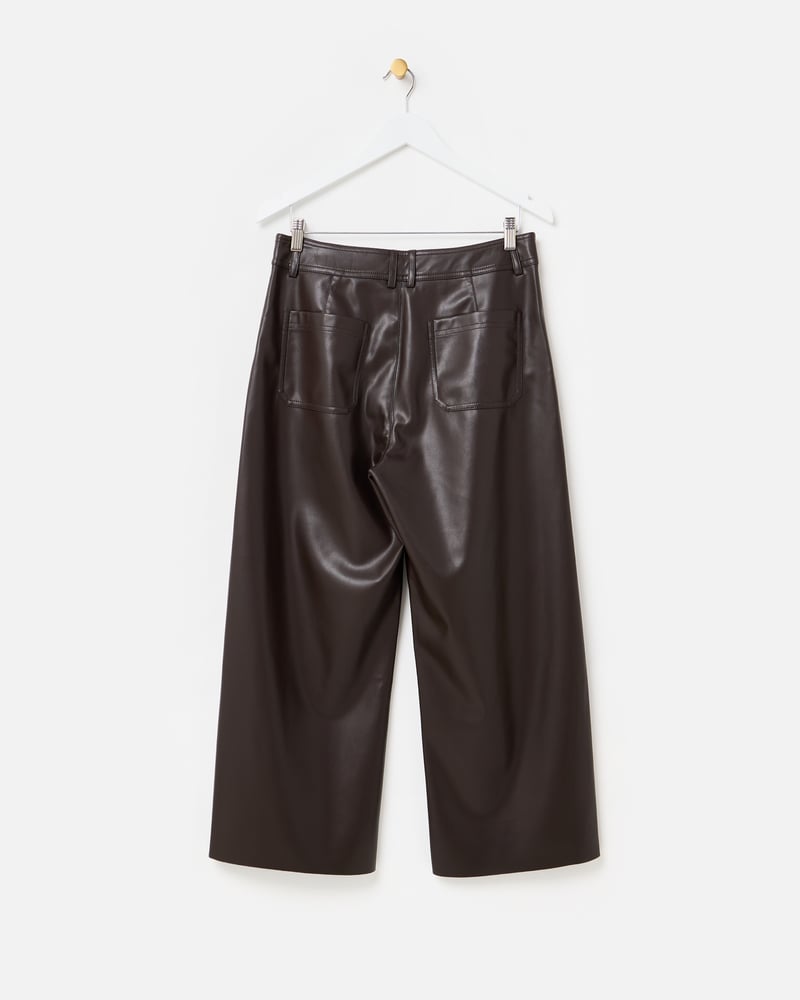 Chocolate Brown Faux Leather Cropped Wide Leg Trousers