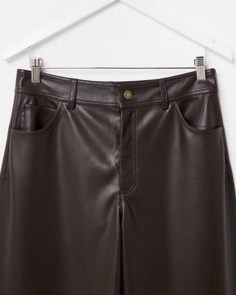Chocolate Brown Faux Leather Cropped Wide Leg Trousers