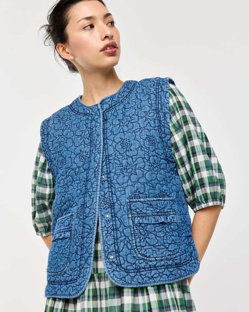 Blue Denim Floral Quilted Gilet
