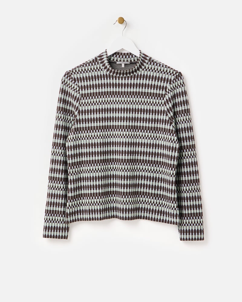 Chocolate Brown Checked Fitted Long Sleeve Top