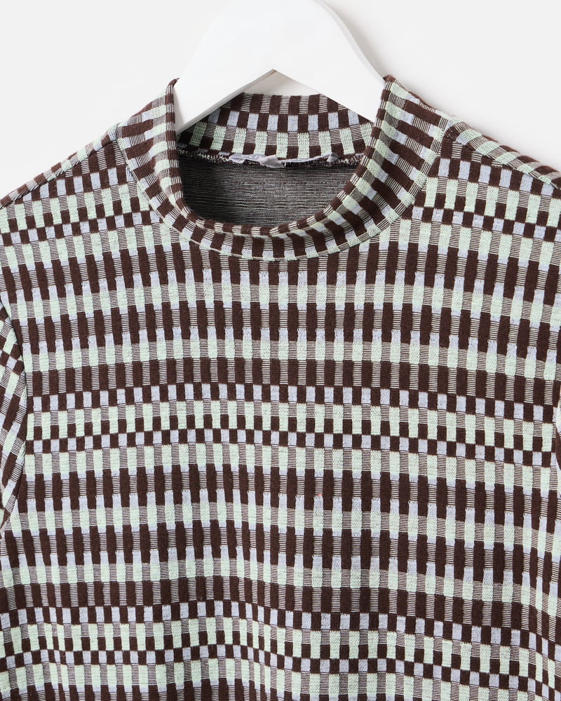 Chocolate Brown Checked Fitted Long Sleeve Top