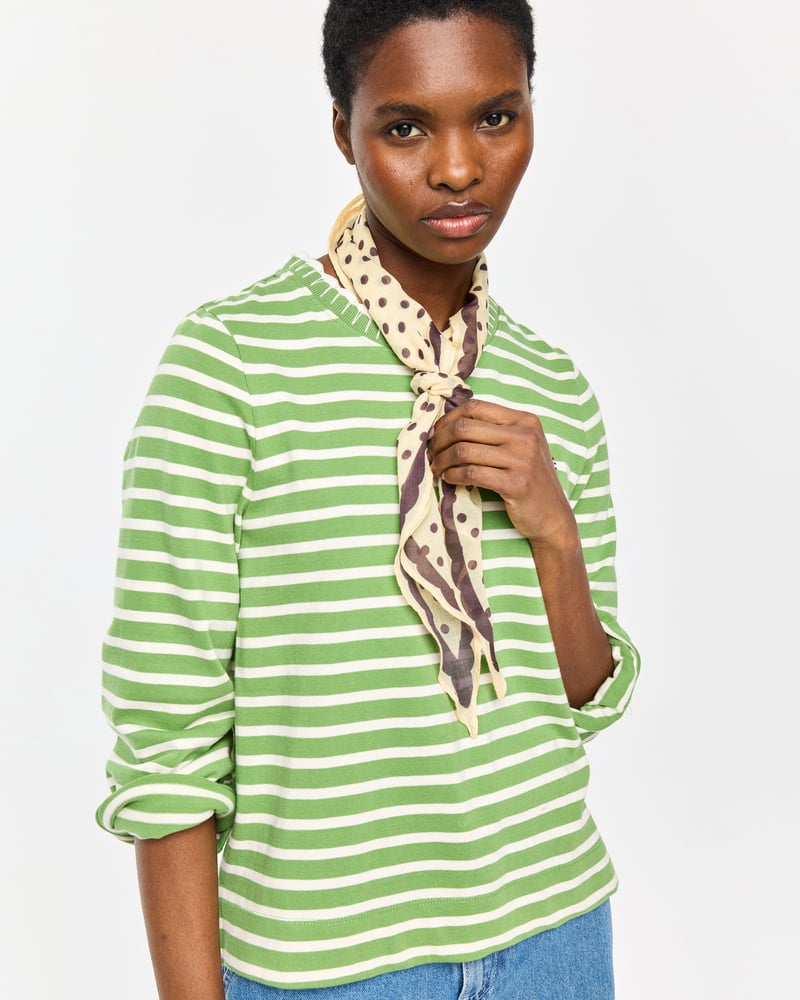 Green & White Striped Heart Embroidered Long Sleeve Top