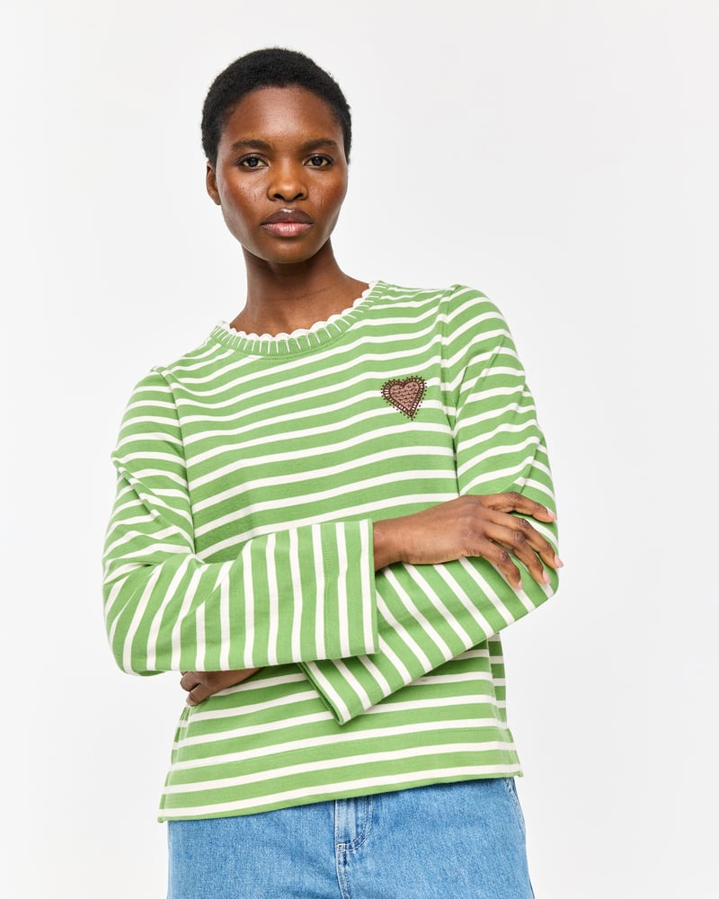 Green & White Striped Heart Embroidered Long Sleeve Top