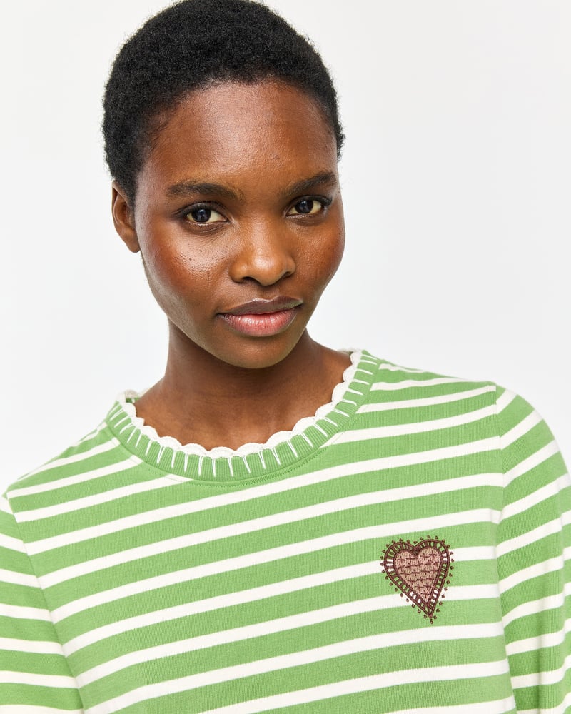 Green & White Striped Heart Embroidered Long Sleeve Top
