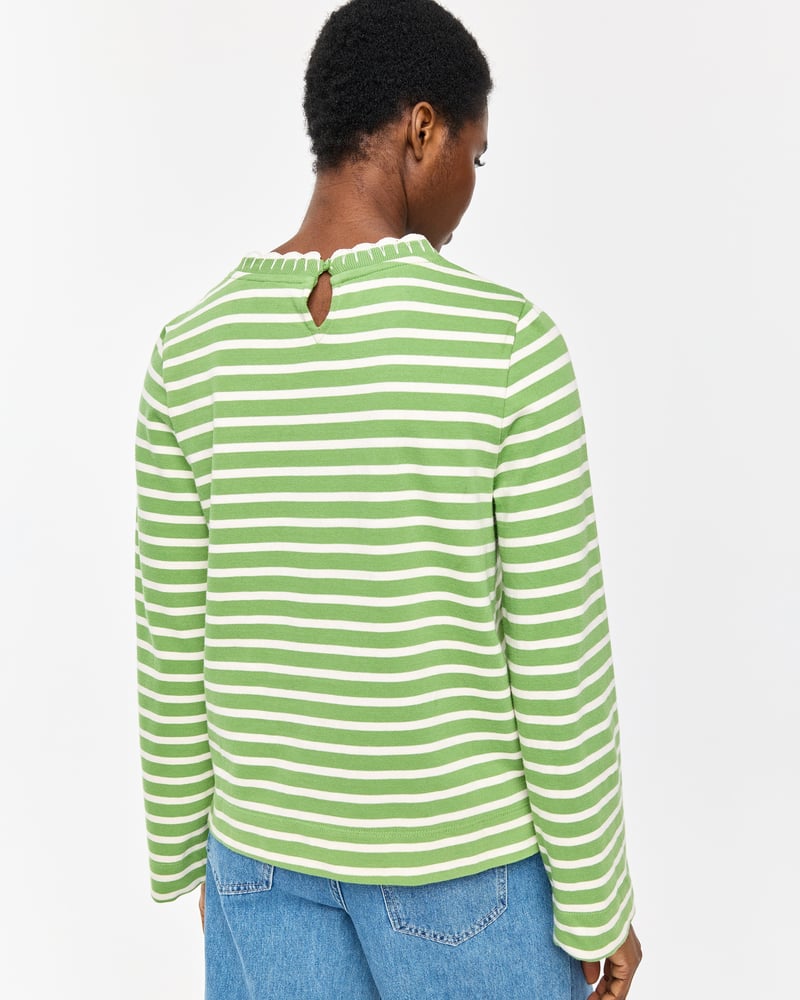 Green & White Striped Heart Embroidered Long Sleeve Top
