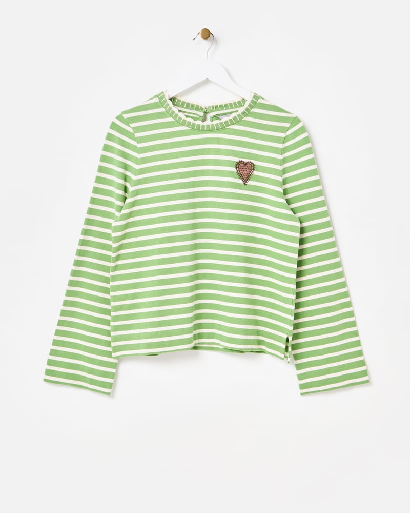 Green & White Striped Heart Embroidered Long Sleeve Top