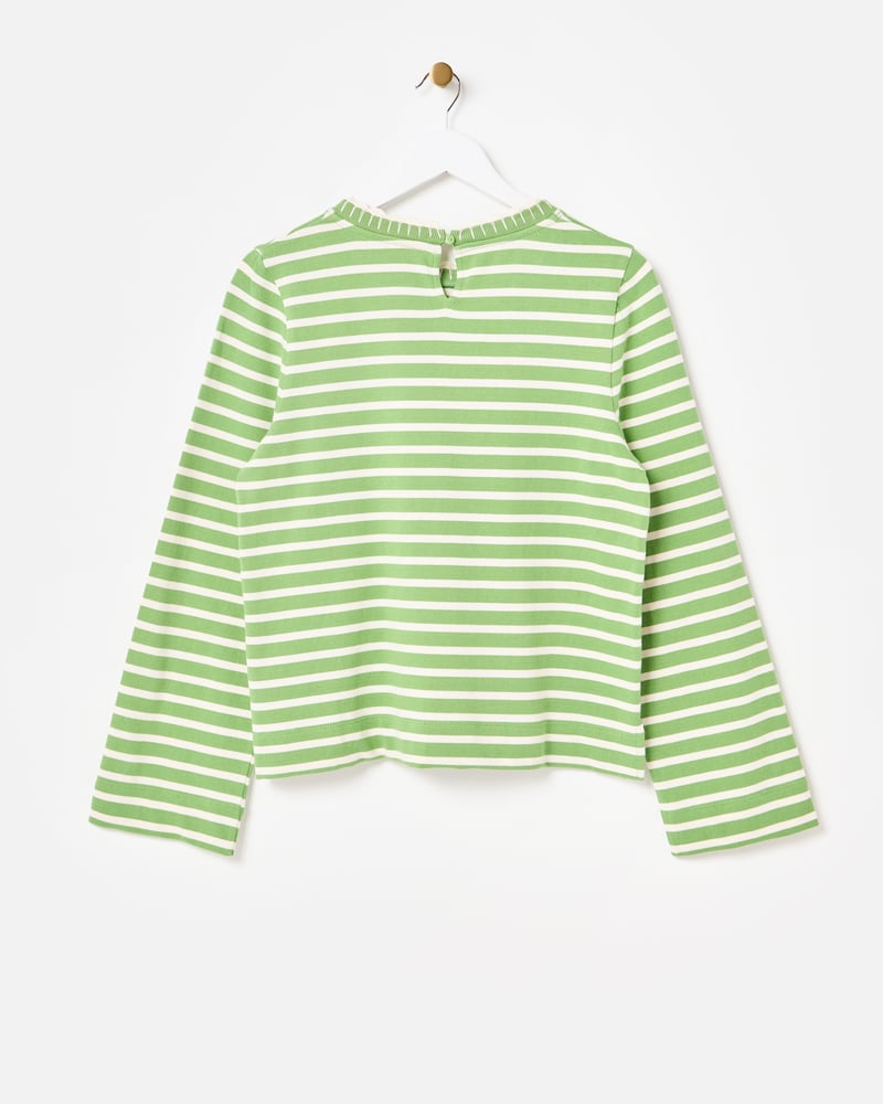 Green & White Striped Heart Embroidered Long Sleeve Top