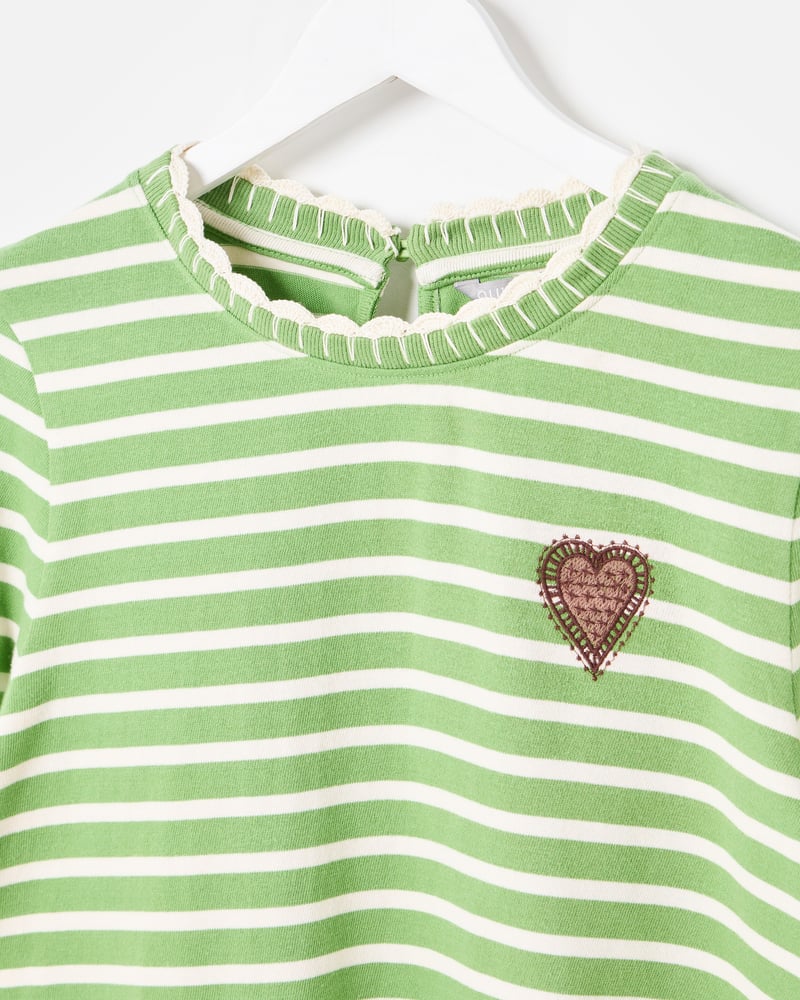Green & White Striped Heart Embroidered Long Sleeve Top