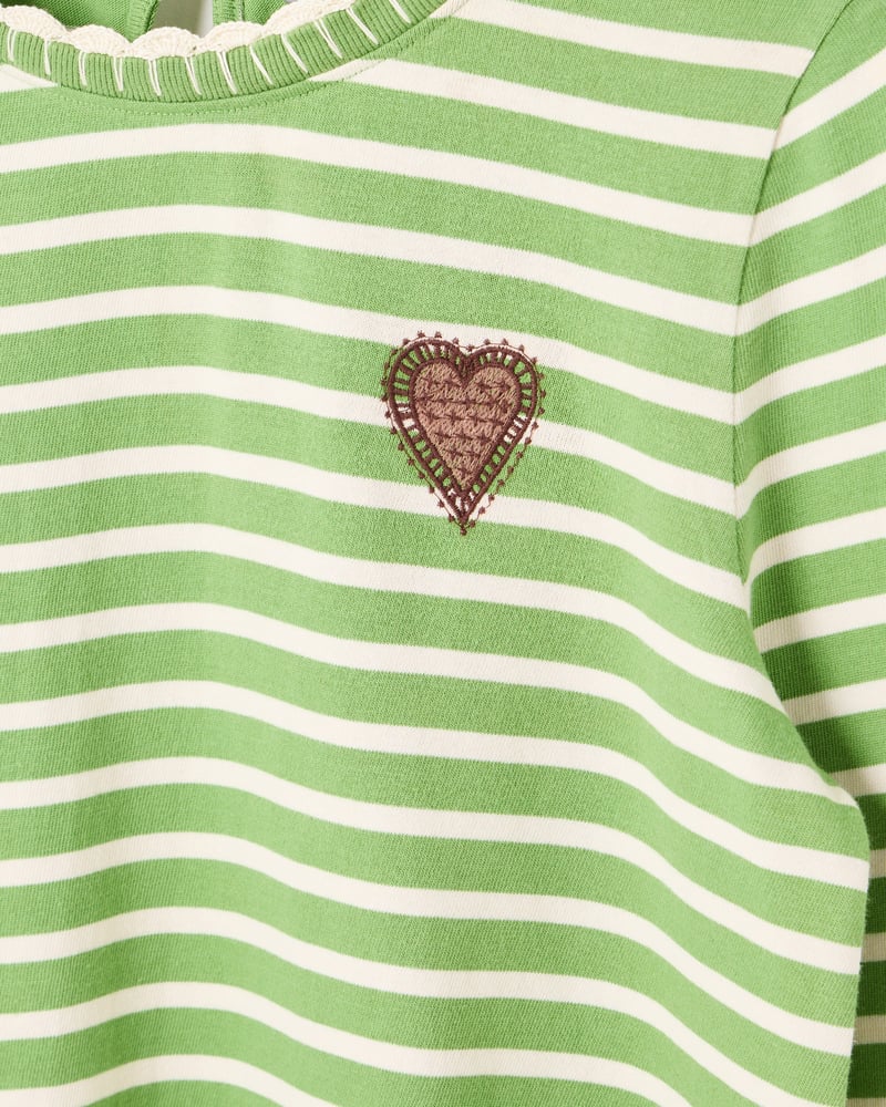 Green & White Striped Heart Embroidered Long Sleeve Top