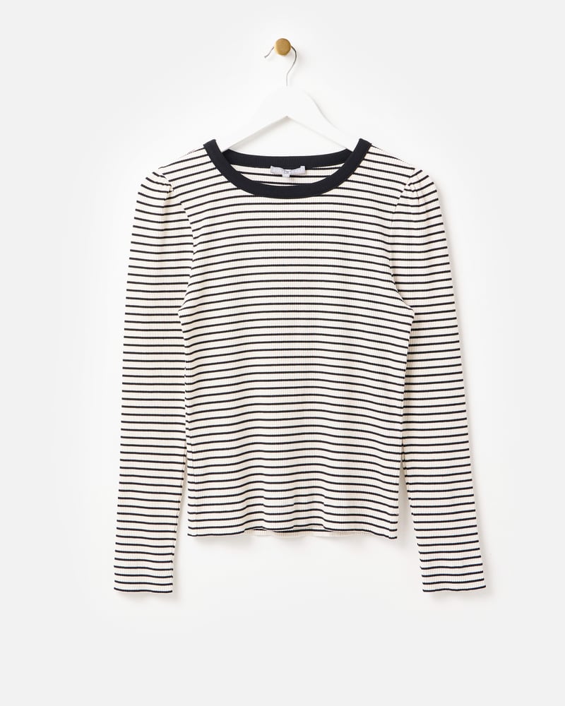 Black & White Striped Ribbed Long Sleeve Top
