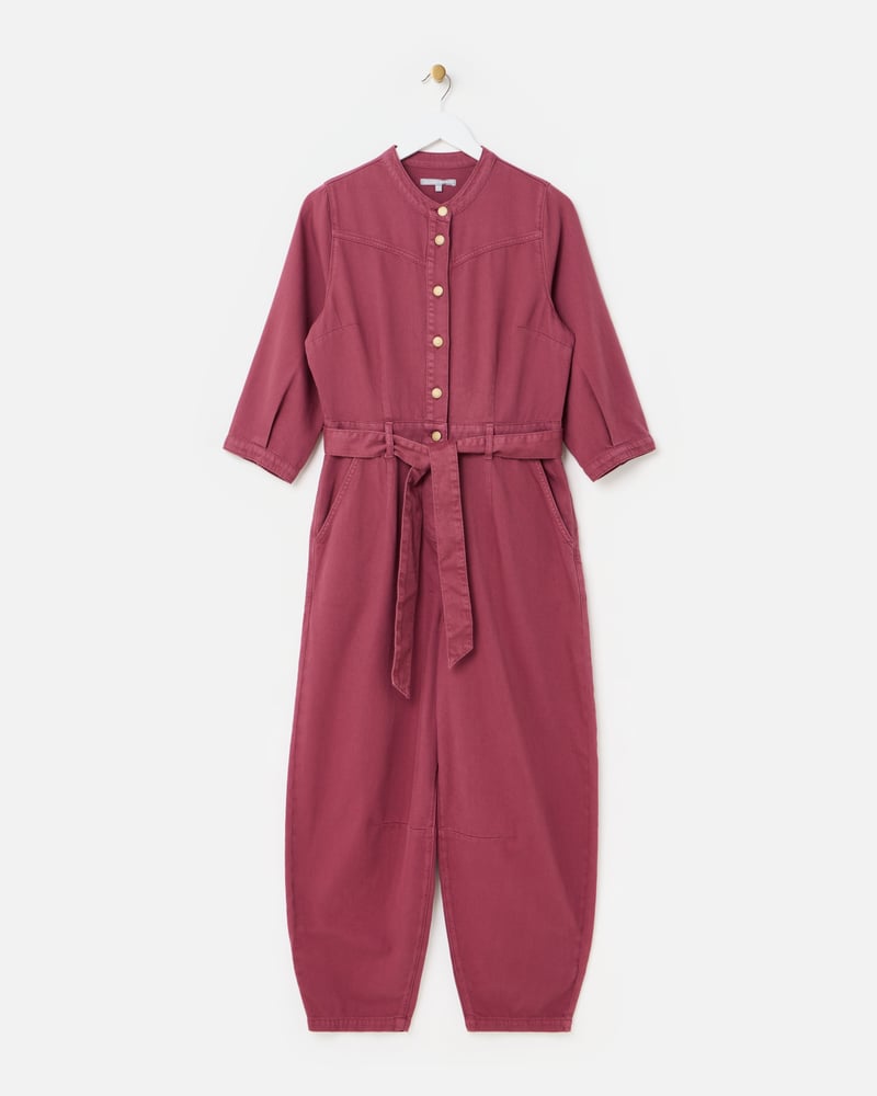 Grape Button Up Tie Waist Denim Jumpsuit