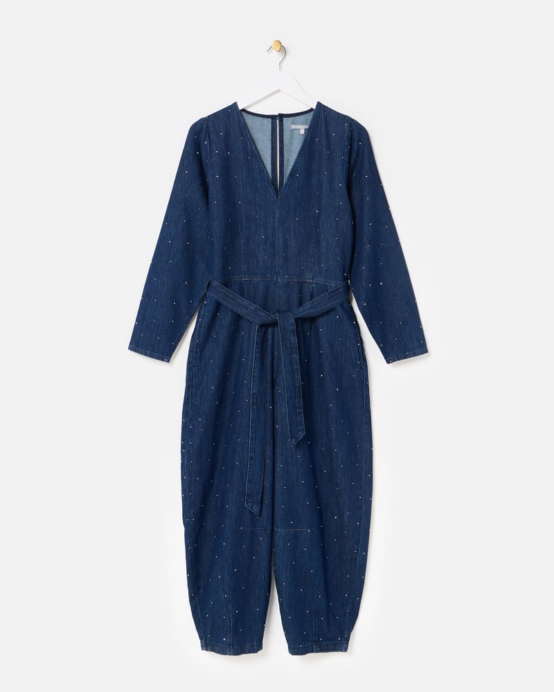 Dark Blue Denim Hot Fix Sparkle Tie Waist Jumpsuit