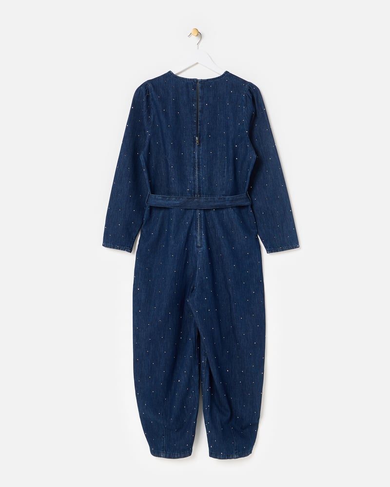 Dark Blue Denim Hot Fix Sparkle Tie Waist Jumpsuit