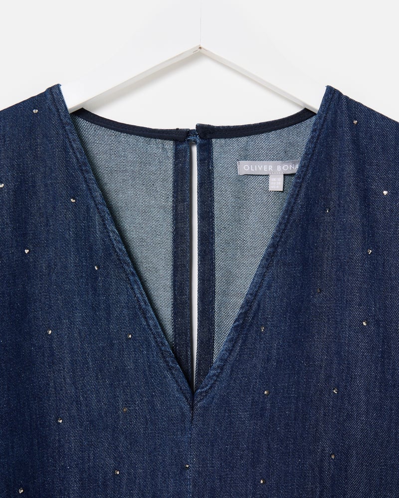 Dark Blue Denim Hot Fix Sparkle Tie Waist Jumpsuit