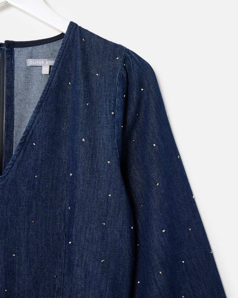 Dark Blue Denim Hot Fix Sparkle Tie Waist Jumpsuit