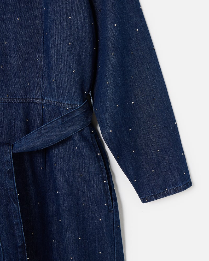 Dark Blue Denim Hot Fix Sparkle Tie Waist Jumpsuit