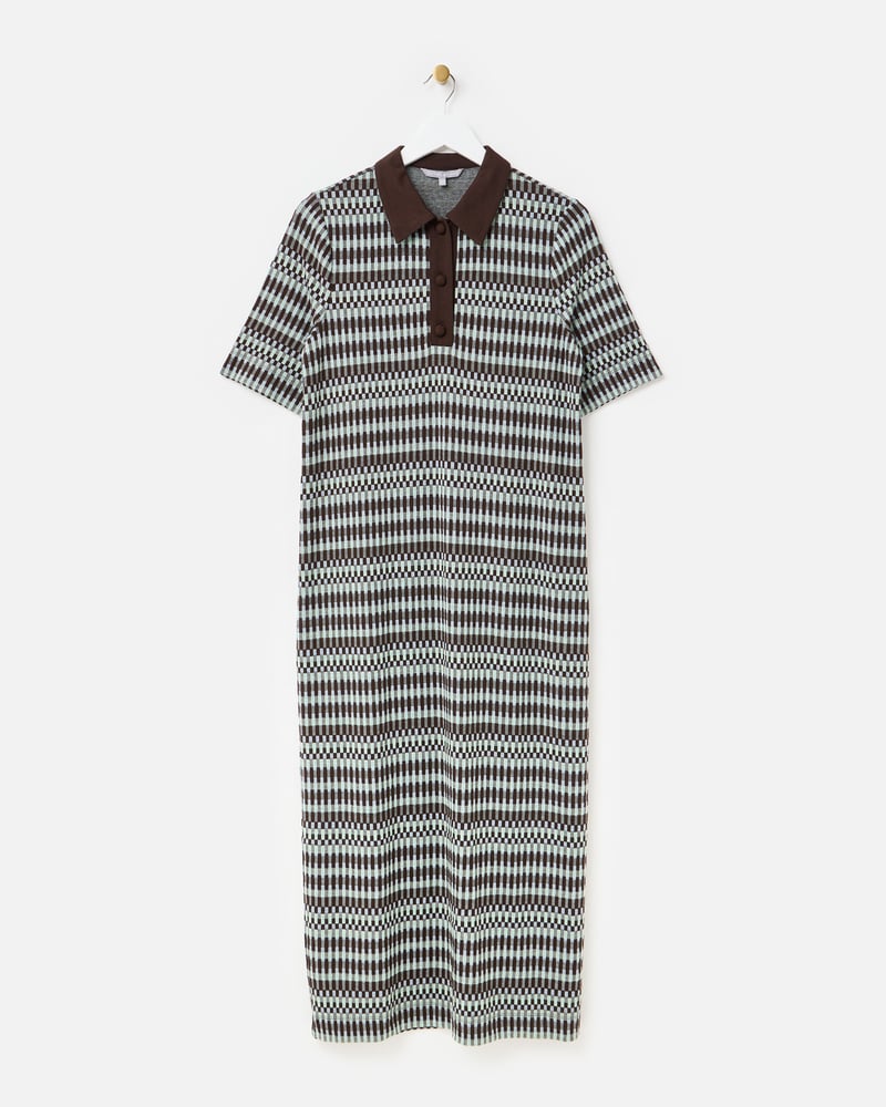 Chocolate Brown Checked Jacquard Polo Midi Dress