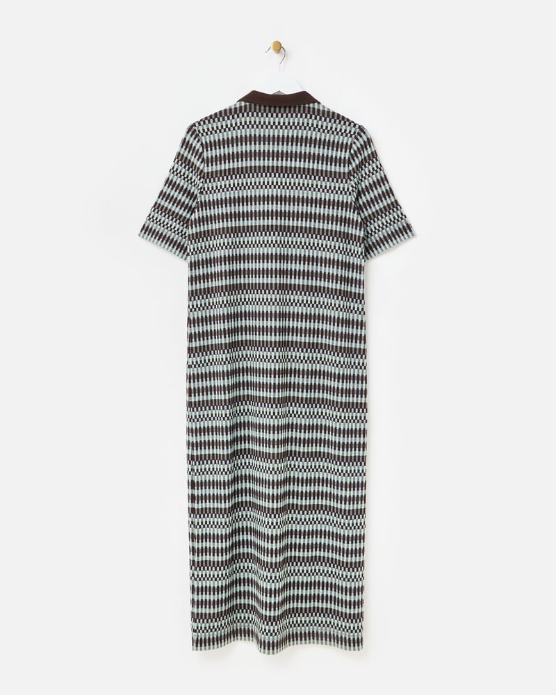 Chocolate Brown Checked Jacquard Polo Midi Dress