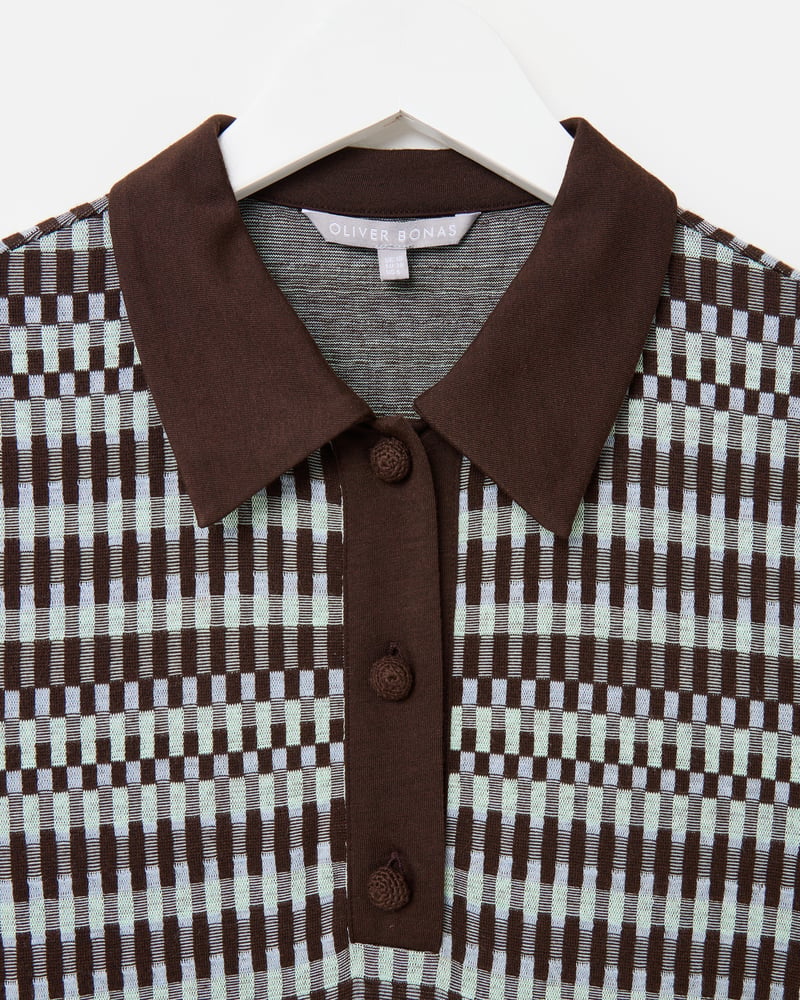 Chocolate Brown Checked Jacquard Polo Midi Dress